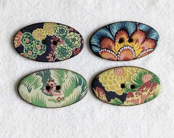 Set of 4 Large oval handmade, washable, lightweight, ceramic buttons. Designs from Warner Textile Archive. For collectors, sewers, crafters.