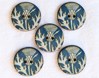 Set of 5 large 27mm handmade, washable, ceramic  buttons. William Morris thistle design. Handmade in UK.