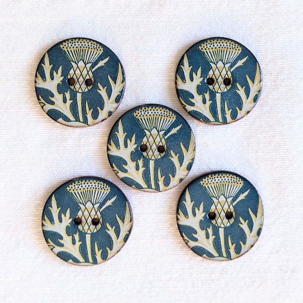 Set of 5 large 27mm handmade, washable, ceramic  buttons. William Morris thistle design. Handmade in UK.