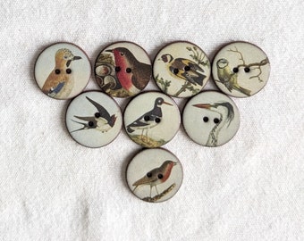 NEW size set of 8 medium  22mm (7/8 of an inch) vintage look, washable, lightweight, ceramic Bird Buttons, Heritage. Handmade in UK. Set 1.