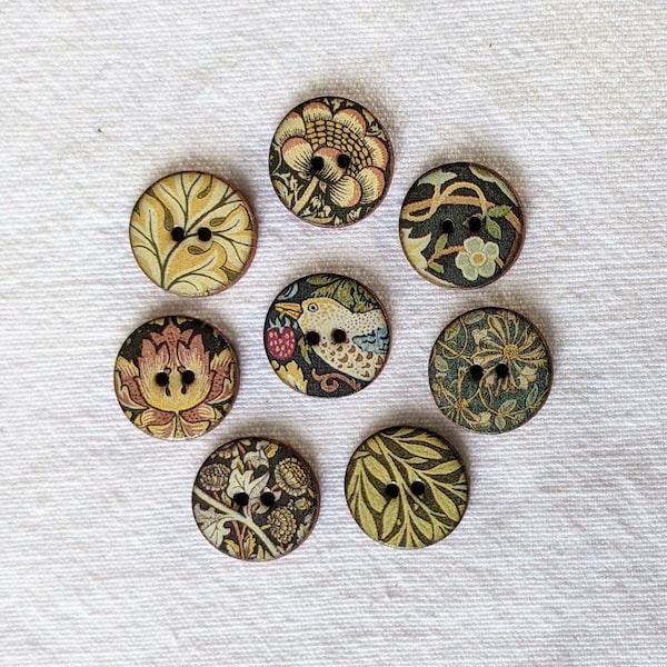 Set of 8 William Morris small 18mm (approx three quarters of an inch) handmade, washable, ceramic  buttons. Handmade in Cornwall UK.