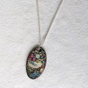 Ceramic, lightweight, handmade pendant necklace, William Morris, Strawberry Thief design, 18 inch silver plated chain. Perfect Gift.