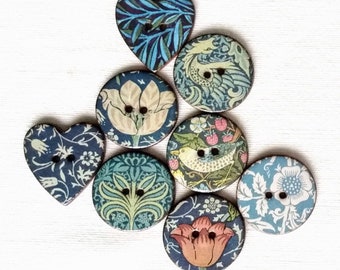 Set of 8 William Morris large, handmade, washable, ceramic  buttons. Assorted round, and heart shaped. Handmade in UK.