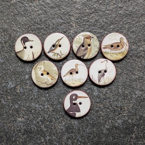 8 Handmade Ceramic Bird Buttons. 22mm (7/8") Lightweight, Washable Vintage Style. Sewing, Knitting, Craft.