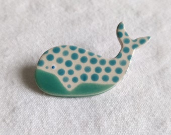Dotty Whale Brooch, Handmade Ceramic Brooch, Whale Brooch, Animal Brooch, Quirky Brooch, Blue/green Whale, Unique Gift
