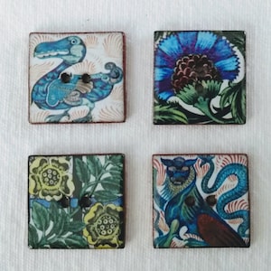 Set of 4 square 24mm (just under 1 inch) washable, lightweight, ceramic buttons  William De Morgan tile designs. For sewing & collecting.