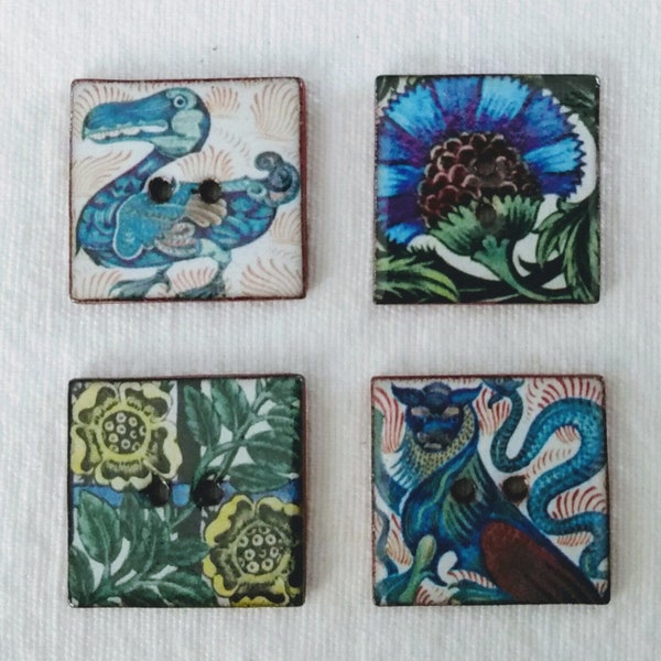 Set of 4 square 24mm (just under 1 inch) washable, lightweight, ceramic buttons  William De Morgan tile designs. For sewing & collecting.