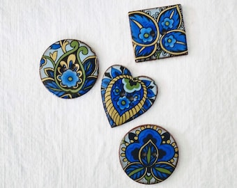 Set of 4 blue, assorted shapes, handmade, washable, lightweight ceramic buttons. Round are 27mm (just under 1 inch diameter) Paisley design.