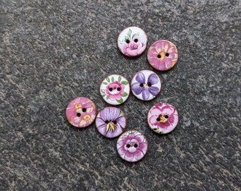 Set of 8 Extra Small 13mm (approx half an inch) ceramic, washable, lightweight handmade , pink flower, small sewing buttons