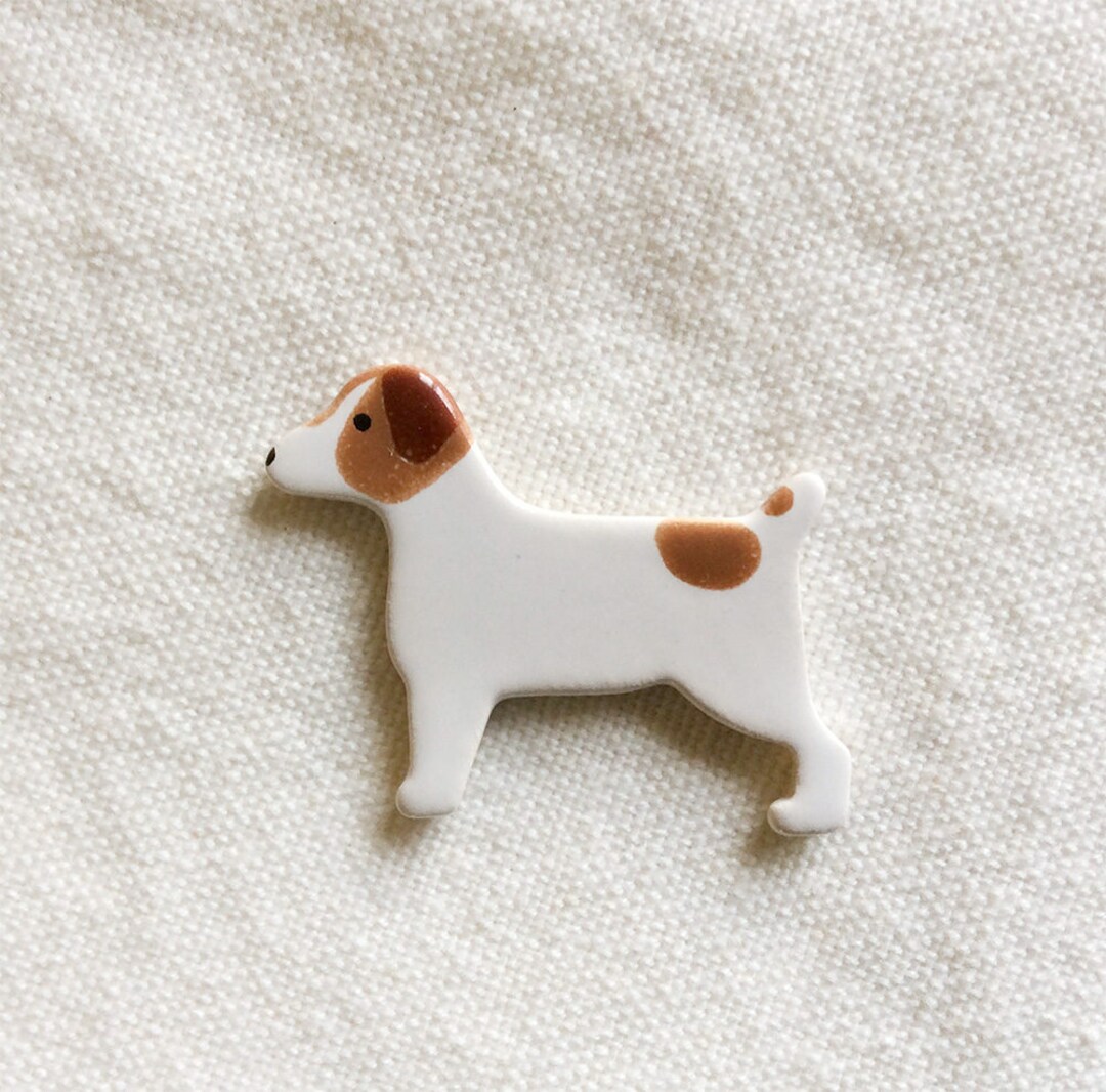 Broche Petit Chien à Poils Longs En Métal Doré Émaillé Crème - Neuf - Décoration Vintage
