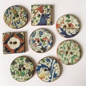 Set of 8 handmade, washable, lightweight, ceramic, Illuminated Manuscript heritage design, vintage look buttons. For sewing and collecting.