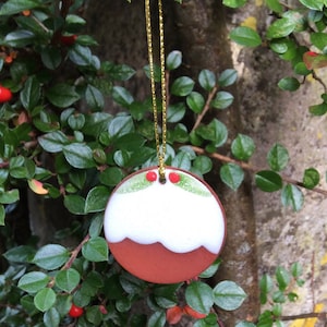 Set of 3 ceramic, hand painted, Christmas pudding shaped decorations , 4cm (1 5/8 inches) diameter, Festive Decorations. Handmade in UK.