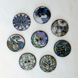 Set of 8 William De Morgan designs large round 27mm (one inch) handmade, washable, ceramic  buttons. Handmade in Cornwall UK.