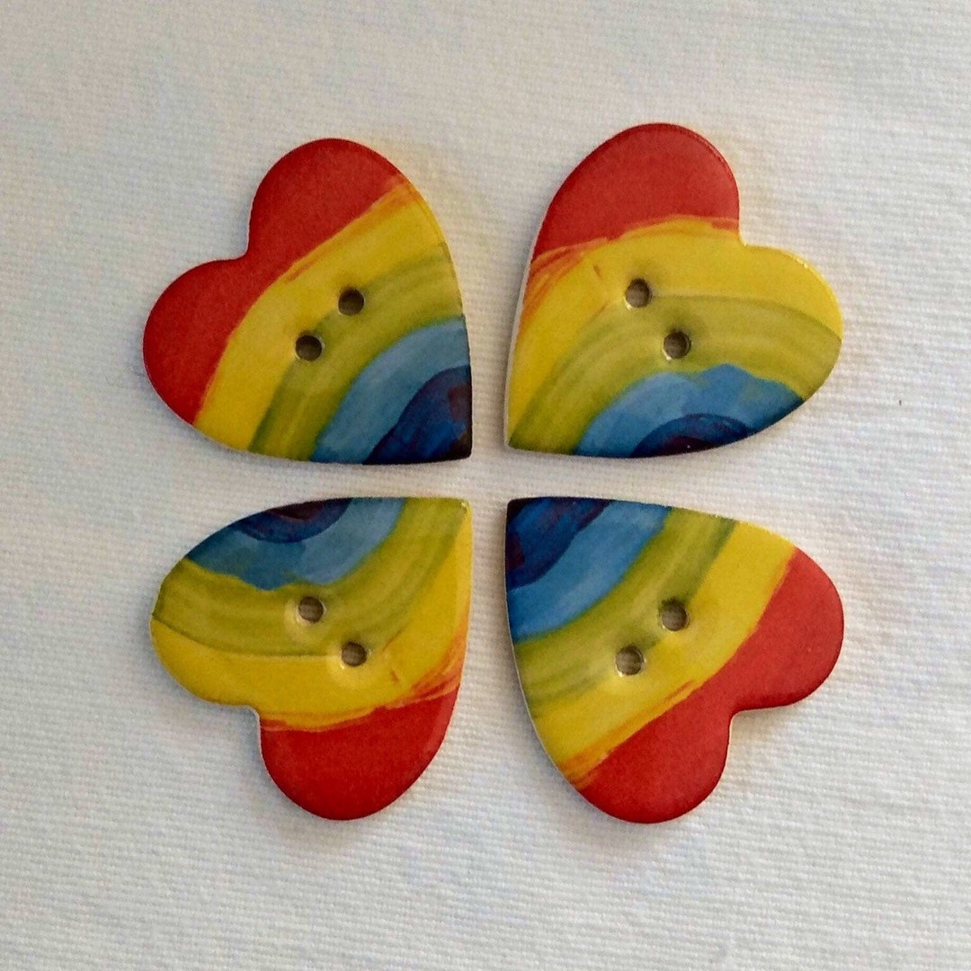 4 Handmade, rainbow, large heart shaped ceramic buttons. Rainbow Buttons. Sewing Project Buttons, Valentines hearts.