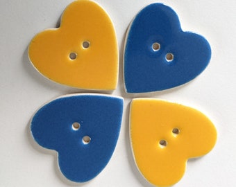 Set of 4 large, blue and yellow handmade, washable, ceramic, heart shaped buttons, sewing project buttons.