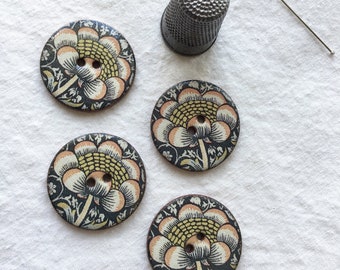 Set of 4 large round 27mm (one inch) handmade,washable,light weight ceramic buttons, William Morris Design, Sewing Buttons.