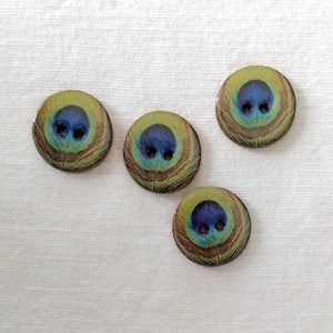 Ceramic buttons, 4 small 18mm (approx 3/4 inch), washable, lightweight, peacock feather buttons. Blue/green sewing buttons.