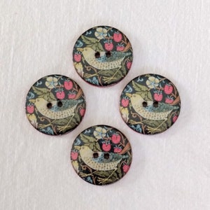 Set of 4 large round 27mm (1inch) washable, lightweight, ceramic buttons William Morris Strawberry Thief Design. For sewing or collecting