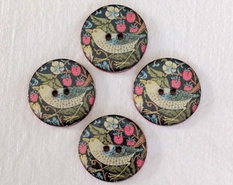 Set of 4 large round 27mm (1inch) washable ceramic buttons William Morris Strawberry Thief Design. Handmade in UK. For sewing or collecting