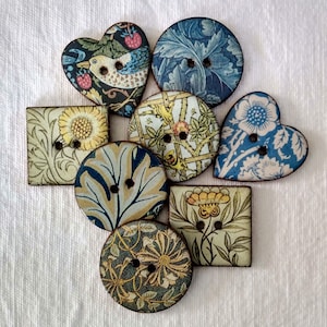 Set of 8 William Morris large, handmade, ceramic  buttons. Assorted round, square and heart shaped. Handmade in UK.