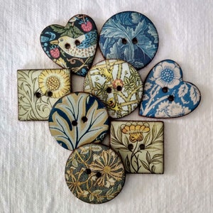 Set of 8 William Morris large, handmade, ceramic  buttons. Assorted round, square and heart shaped. Handmade in UK.