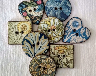 Set of 8 William Morris large, handmade, ceramic  buttons. Assorted round, square and heart shaped. Handmade in UK.