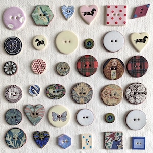 36 Ceramic Button Seconds, handmade, washable, lightweight, vintage look. Imperfect oddments, for craft projects.