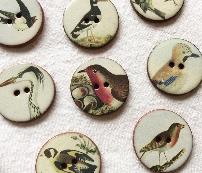 Set of 8 Large 27mm 1 inch vintage look, handmade, washable, ceramic Bird Buttons, Heritage Design set 1, for sewing and collecting. image 2