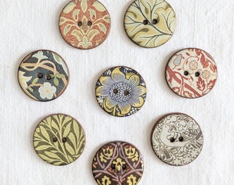 Set of 8 William Morris large round 27mm (one inch) handmade, lightweight, washable, ceramic  buttons. Handmade in Cornwall UK.