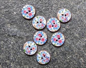 Set of 8 small, 18mm (3/4 inch) diameter, handmade, washable, lightweight, vintage look, ceramic, blue forget me not buttons, Ditsy Florals.