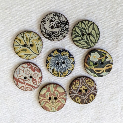 8 William Morris Ceramic Buttons, 27mm (1")  Handmade, lightweight, washable