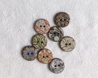 Set of 8 William Morris small 18mm (approx three quarters of an inch) washable, lightweight, ceramic  buttons. Handmade in U.K.