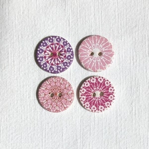 Set of 4 small 19mm (3/4 inch) diameter, washable, lightweight, pink & purple, ceramic buttons, sewing buttons. Handmade in UK.