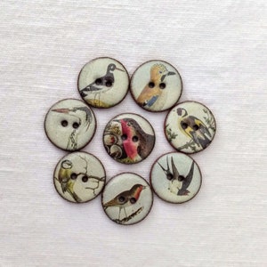 Set of 8 small 18mm ( approx 3/4 inch) vintage look, handmade in UK, washable, lightweight,ceramic bird buttons. For sewing, collecting etc.