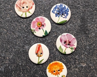 Set of 6 handmade in UK, medium 24mm (just under one inch) diameter, washable, lightweight, vintage look ceramic buttons. Sewing buttons.