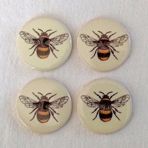 Set of 4 Large 29mm (just over 1 inch) handmade, washable bumble bee ceramic buttons, sewing project buttons.