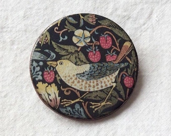 Handmade, lightweight, Ceramic Brooch. William Morris Strawberry Thief Design