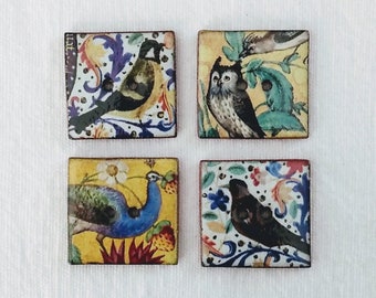Set of 4 Illuminated Manuscript design 24mm square, washable ceramic bird buttons, medieval bird design, heritage bird design.