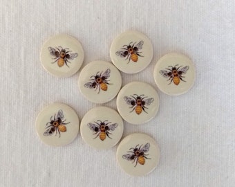 Set of 8 extra small honey bee 15mm (a fraction over half an inch), handmade, washable, ceramic buttons, sewing buttons, collectors buttons,