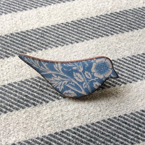 Handmade Ceramic Bird Brooch: Blue William Morris Floral Design