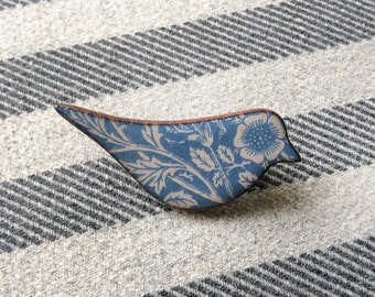 Handmade Ceramic Bird Brooch: Blue William Morris Floral Design