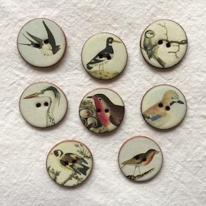 Set of 8 Large 27mm (1 inch) vintage look, handmade, washable, ceramic Bird Buttons,  Heritage Design set 1, for sewing and collecting.