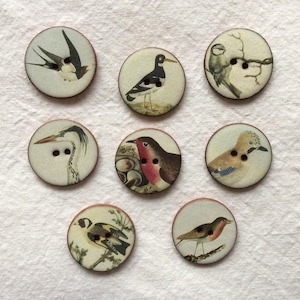 Set of 8 Large 27mm (1 inch) vintage look, handmade in UK, washable, ceramic Bird Buttons,  Heritage Design set1, for sewing and collecting.
