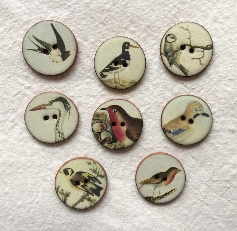 Set of 8 Large 27mm 1 inch vintage look, handmade, washable, ceramic Bird Buttons, Heritage Design set 1, for sewing and collecting. image 1