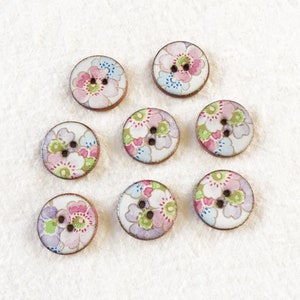 Set of 8 small, pink, 18mm (3/4 inch) diameter, handmade, washable, lightweight, ceramic floral buttons, Ditsy Florals.