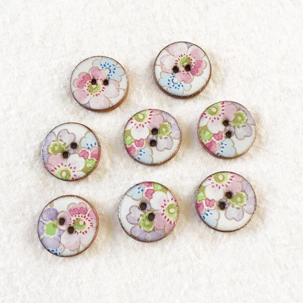 Set of 8 small, pink, 18mm (3/4 inch) diameter, handmade, washable, lightweight, ceramic floral buttons, Ditsy Florals.