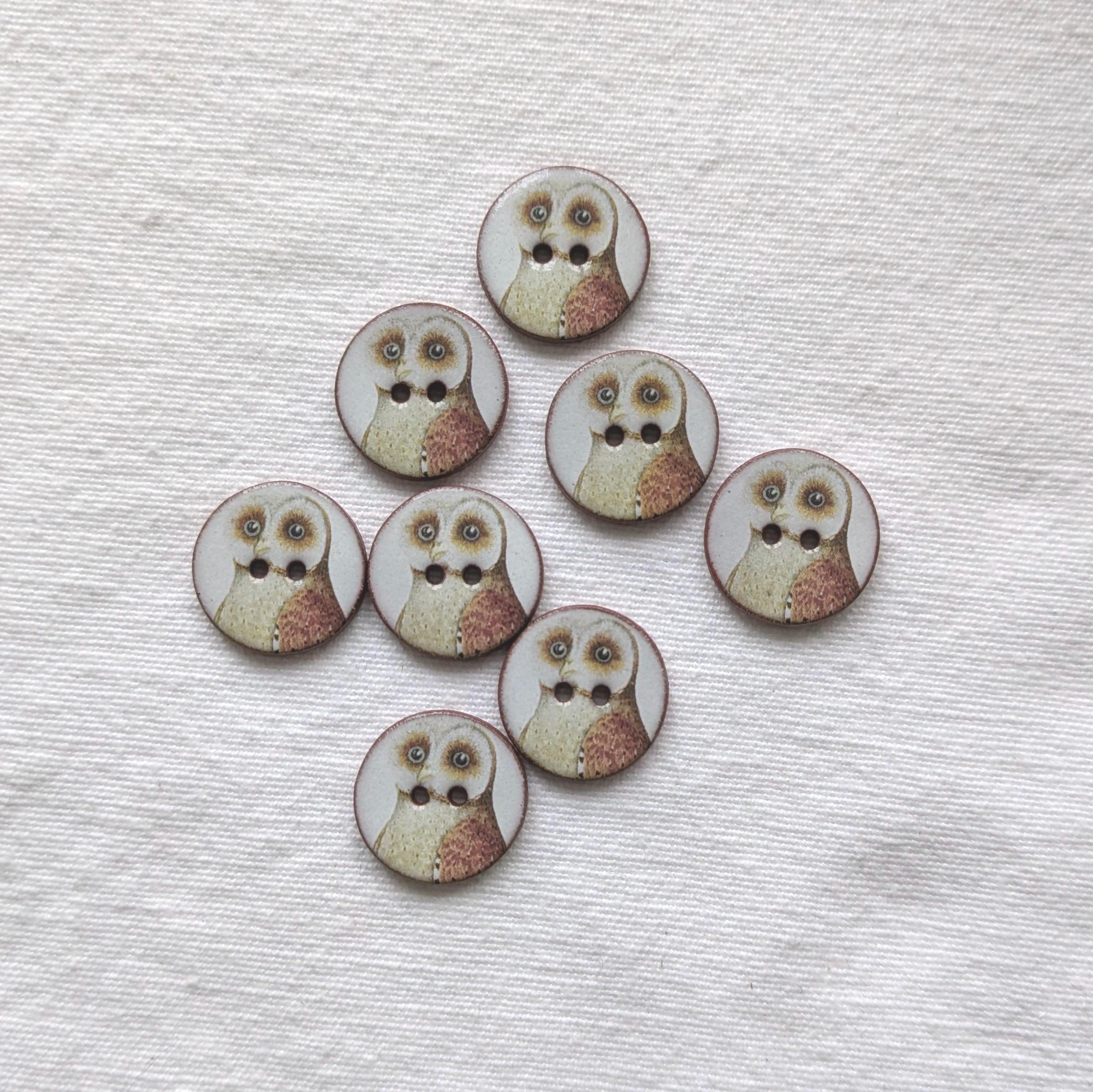 Set of 8 Handmade Ceramic Owl Buttons, 18mm (3/4&rdquo;) Vintage Bird Illustration, Washable, lightw