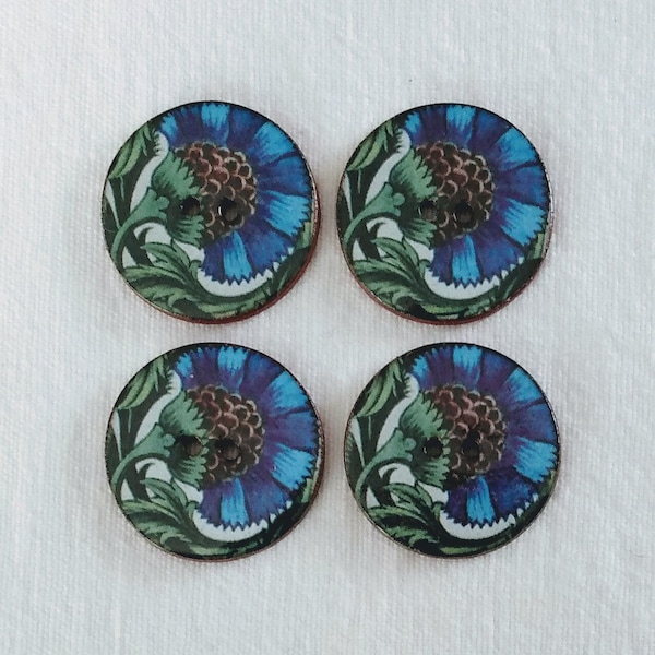 Set of 4 Large Round 27mm (one inch), washable, ceramic Heritage Buttons, William De Morgan Designs, Handmade in UK, Collectors Buttons