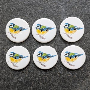 May include: Six round white buttons featuring a painted blue, yellow, and green bird on a branch. Each button has two sewing holes. The buttons are arranged in two rows of three on a dark grey surface.