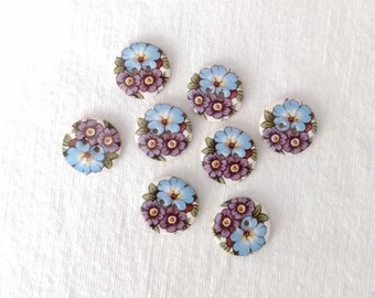 8 Extra small, 15mm ( half an inch) washable, lightweight, round, blue floral ceramic buttons. Sewing Project Buttons.